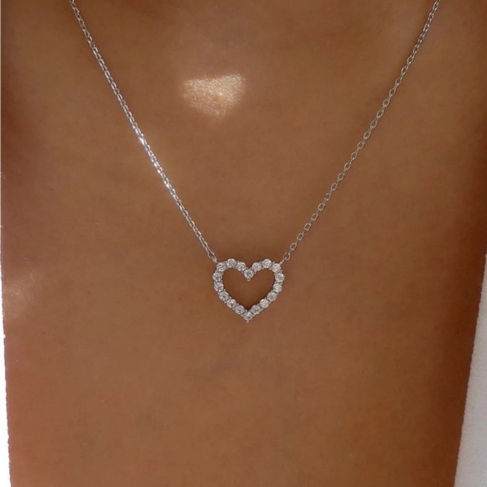 Rhinestone Heart Charm Necklace For Women Accessories Silver Jewelry Party